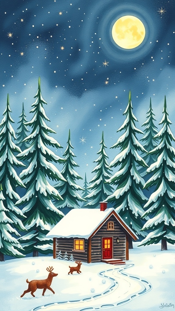 Easy Christmas Landscape Drawing Guide A winter landscape drawing with a cabin, pine trees, snow, and a starry sky.